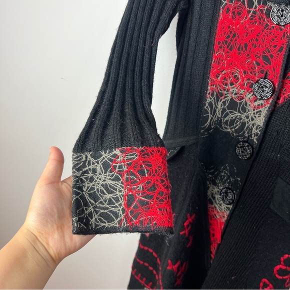 Vintage Concept Black Wool Blend Button Up Sweater Coat with Red Accents Women M - Picture 8 of 11